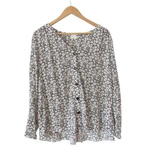 Des Petits Hauts Black White Floral Button Front Blouse Size XL / T4 Long Sleeve